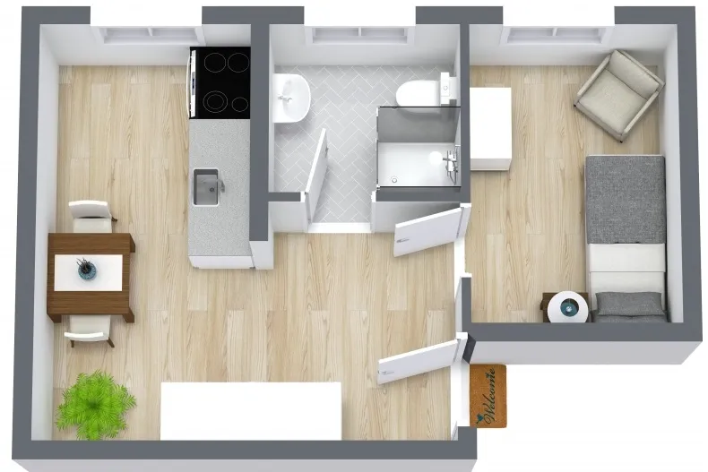 3D-Grundriss des möblierten Apartments 502 im Cityapart Heiligenstadt mit Küche, Bad und Schlafbereich