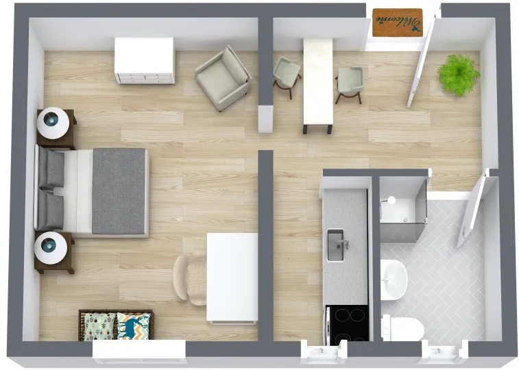 3D-Grundriss des Apartments im Cityapart Heiligenstadt mit Wohn-, Schlaf- und Küchenbereich sowie Bad
