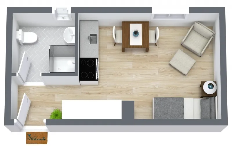 3D-Grundriss von Apartment 521 im Cityapart Heiligenstadt mit Küche, Wohn- und Schlafbereich sowie Bad