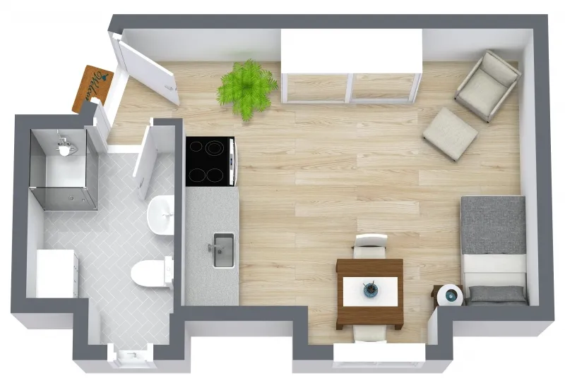 3D-Grundriss von Apartment 522 im Cityapart Heiligenstadt mit Wohnbereich, Küche und Bad