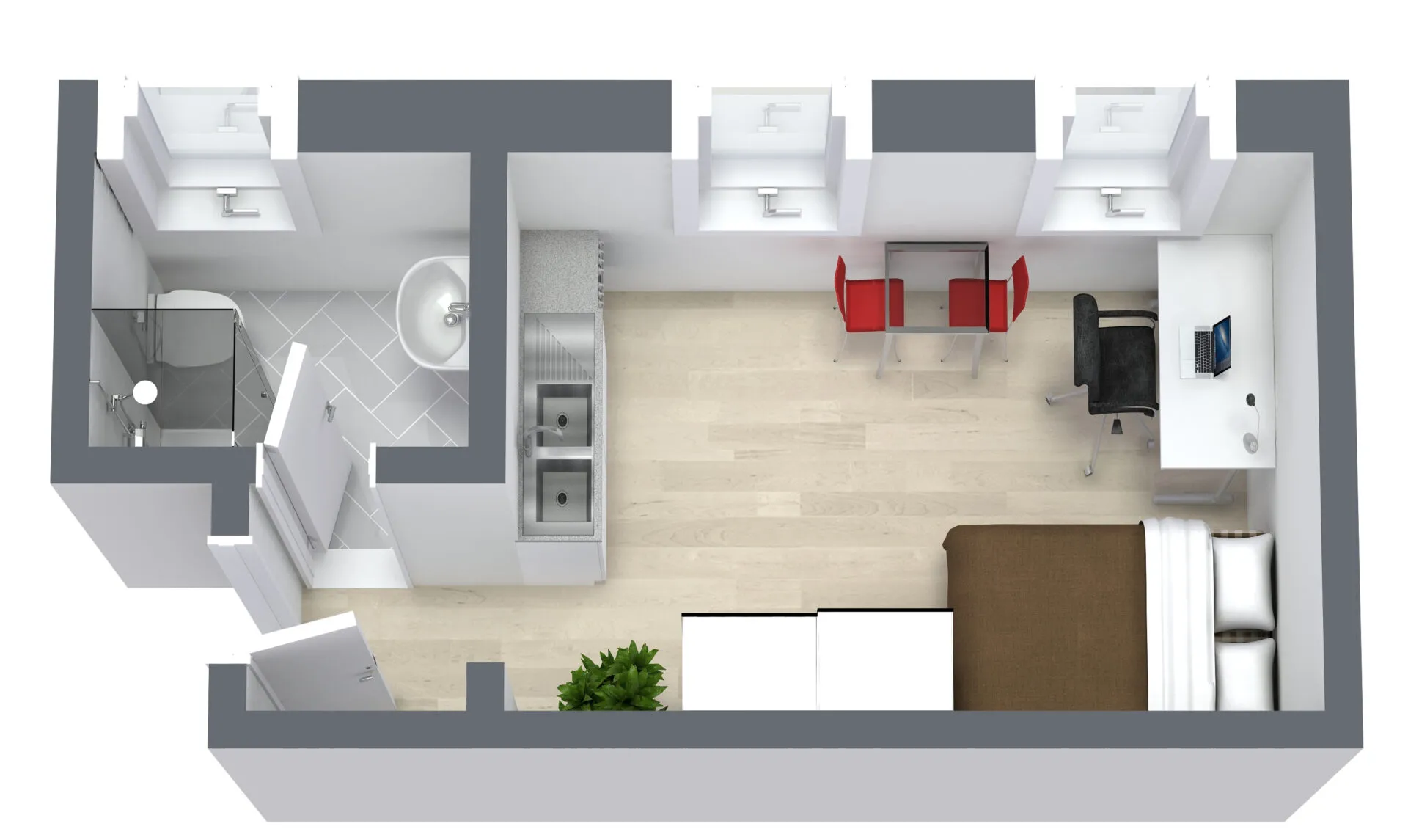 3D-Grundriss von Apartment 514 im Cityapart Heiligenstadt mit Bad, Küche, Wohn- und Schlafbereich