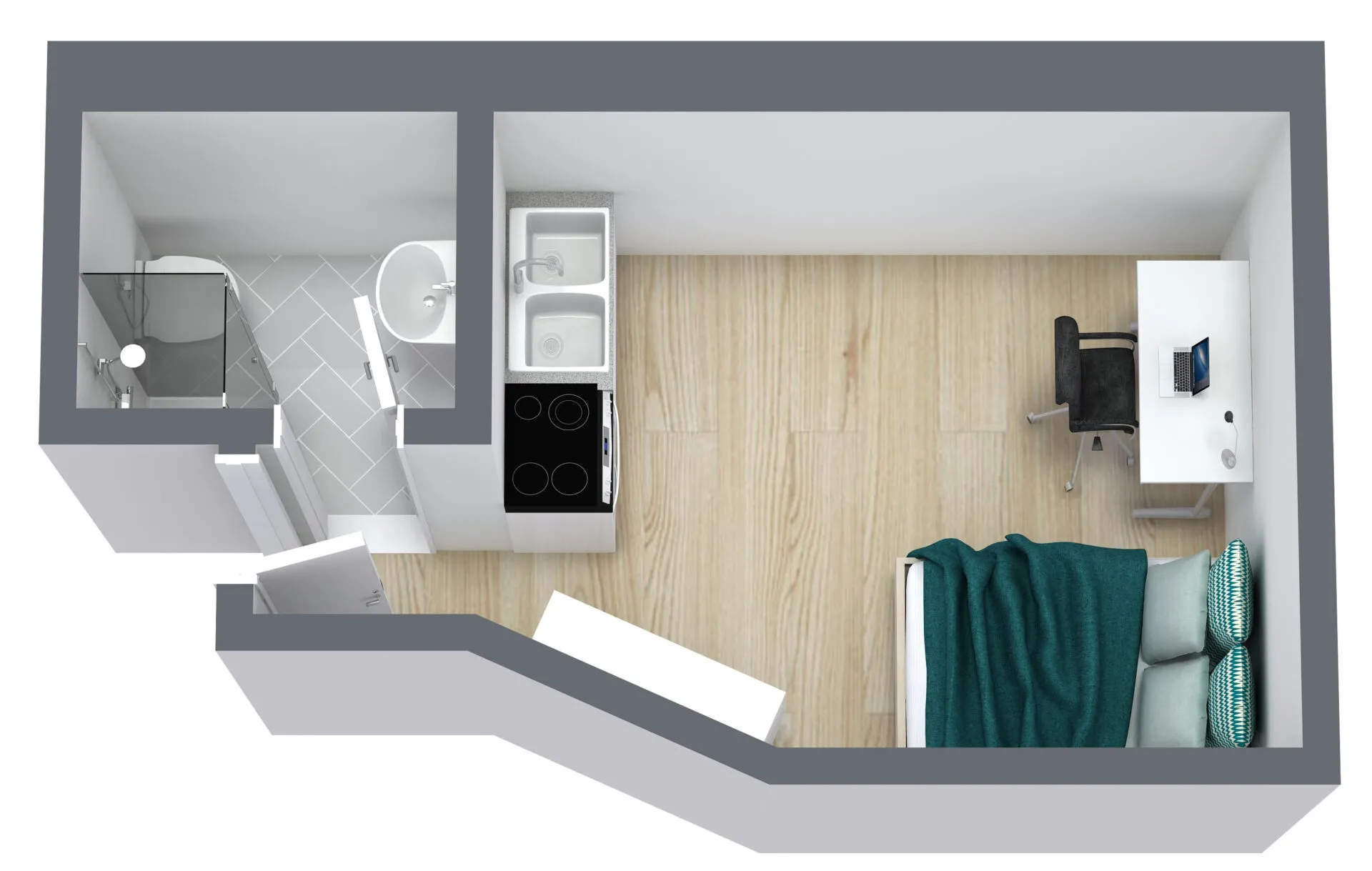 3D-Grundriss von Apartment 523 im Cityapart Heiligenstadt mit Bad, Küche, Bett und Arbeitsplatz