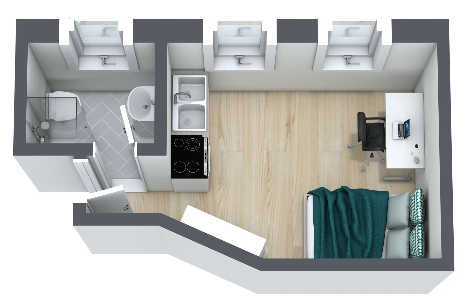 3D-Grundriss von Apartment 523 im Cityapart Heiligenstadt mit Bad, Küche, Bett und Arbeitsplatz